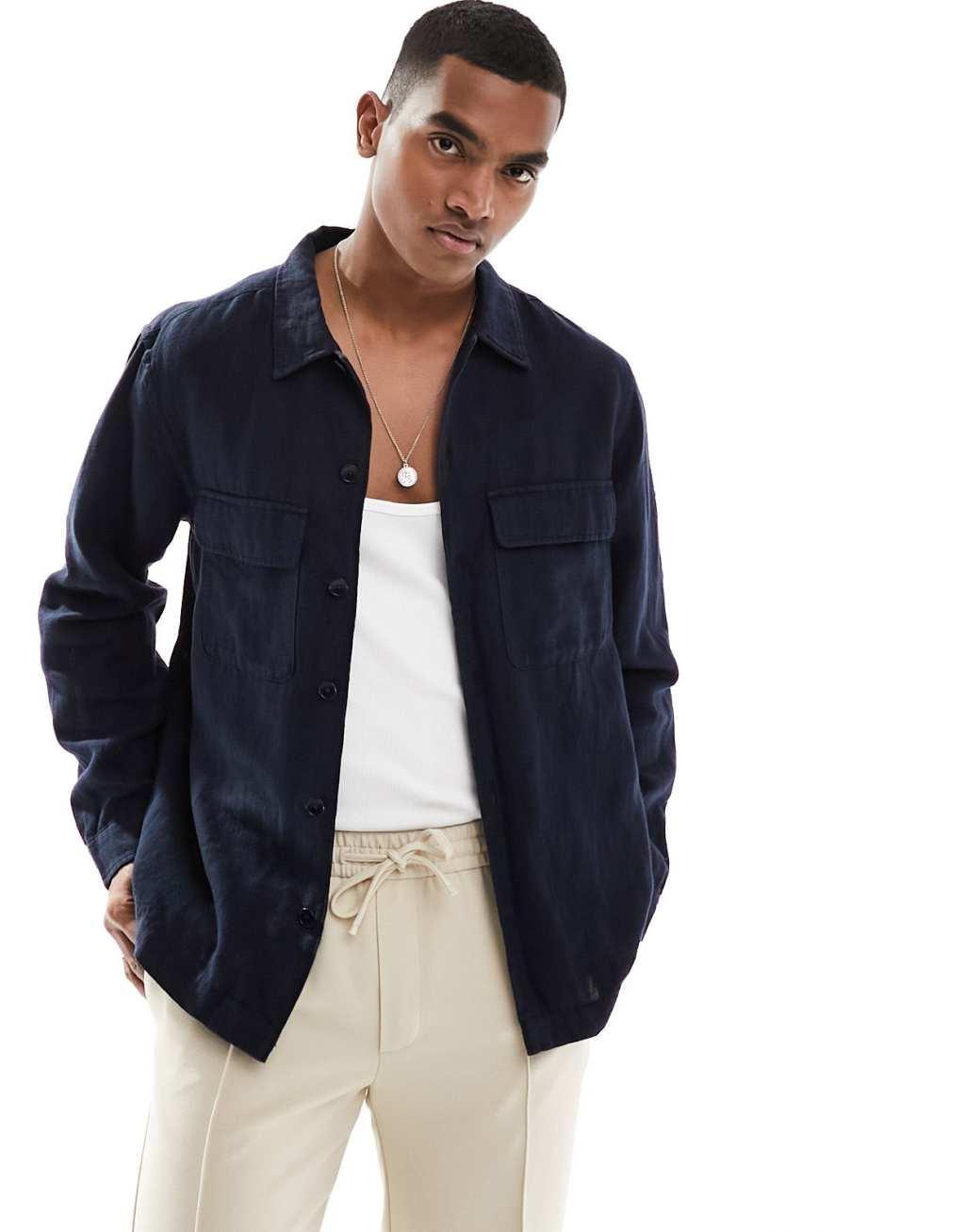 Selected Homme linen mix overshirt in navy  Product Image