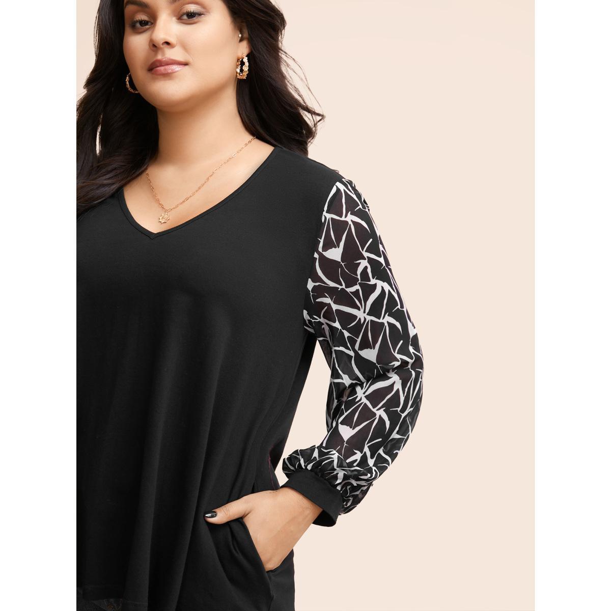 Plus Size Geometric Patchwork Mesh Pocket T-shirt Black Women Elegant See through Art&design V-neck Everyday T-shirts BloomChic 10/M Product Image
