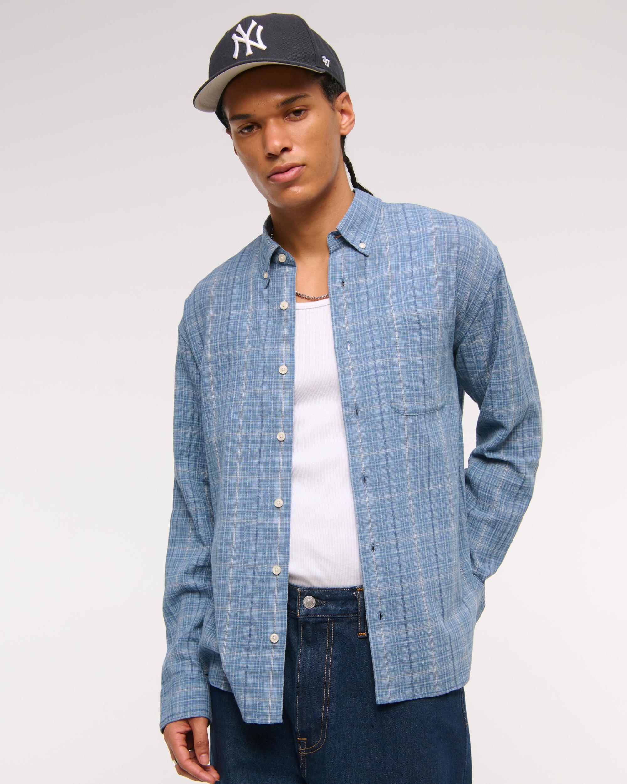 Long-Sleeve Textural Plaid Button-Up Shirt Product Image