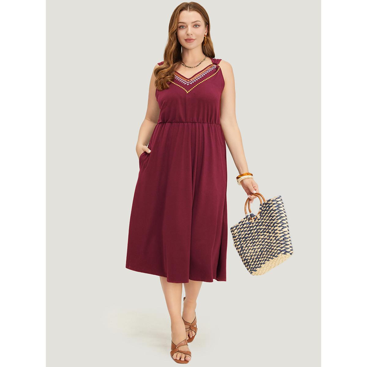 Plus Size Geometric Embroidered Buckle Detail Pocket Ruffle Hem Cami Dress Scarlet Women Vacation Embroidered V-neck Sleeveless Curvy Midi Dress BloomChic 26/4X Product Image