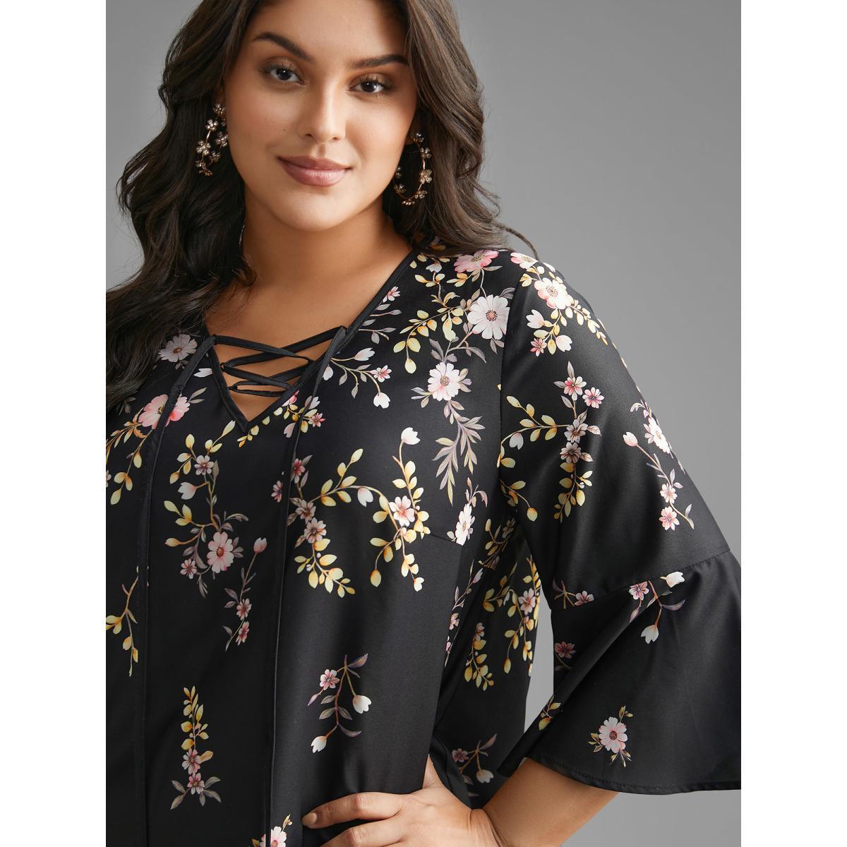 Plus Size BlackFlower Gradient Floral Ruffle Sleeves Blouse Women Elegant Elbow-length sleeve V-neck Everyday Blouses BloomChic 22-24/3X Product Image
