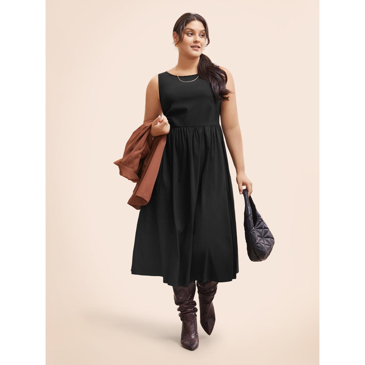 Plus Size Stretch Woven Blend Multiple Splicing Midi Dress Black Women Workwear Essentials Gathered Round Neck Sleeveless Curvy BloomChic 10/M Product Image