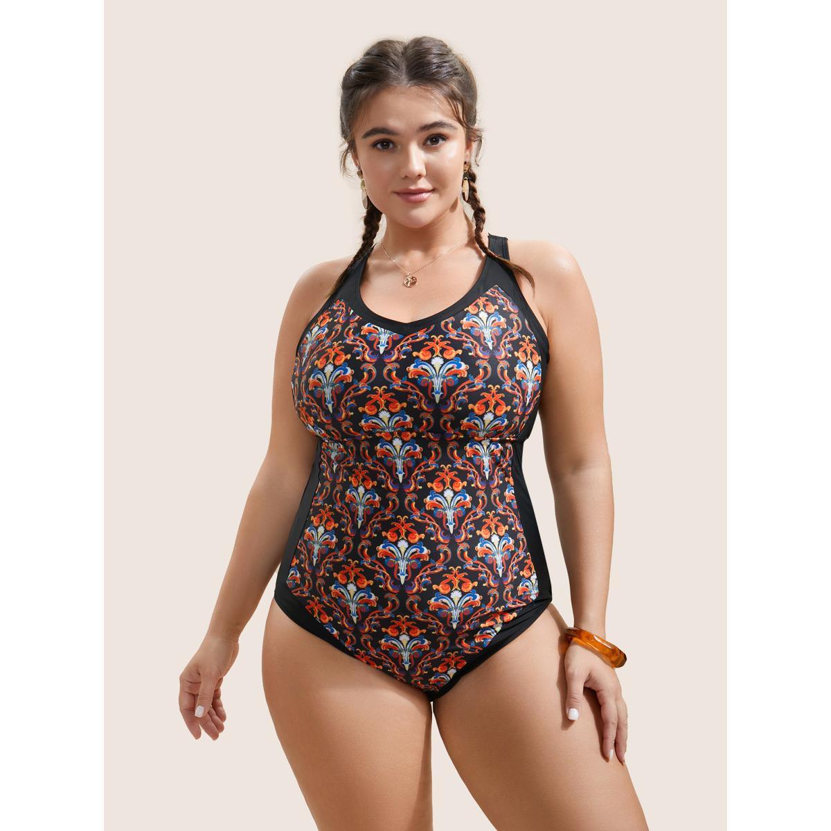 Plus Size Patchwork Boho Print Adjustable Straps One Piece Swimsuit Women's Swimwear Black Beach Non Curve Bathing Suits High stretch One Pieces BloomChic 28/5X Product Image