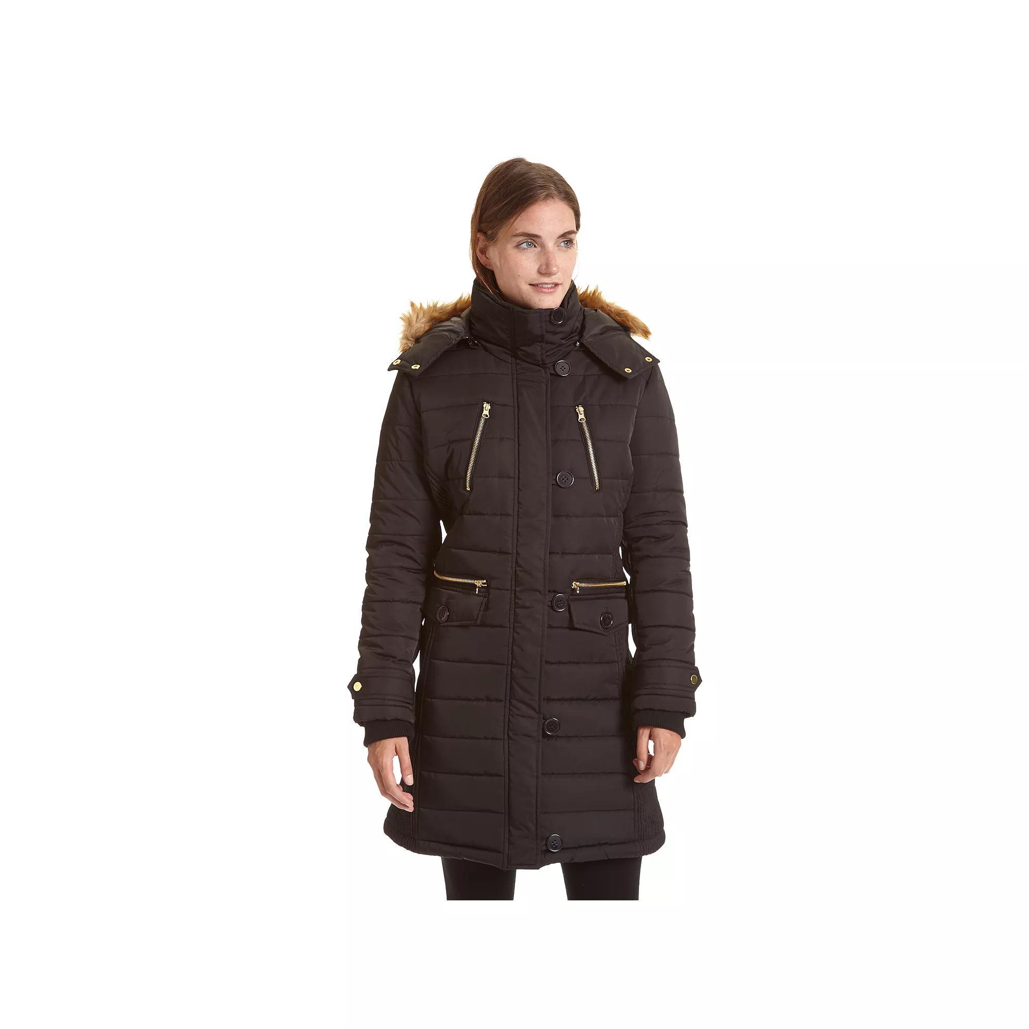 Women's Excelled Long Hooded Puffer Jacket, Size: Small, Black Product Image