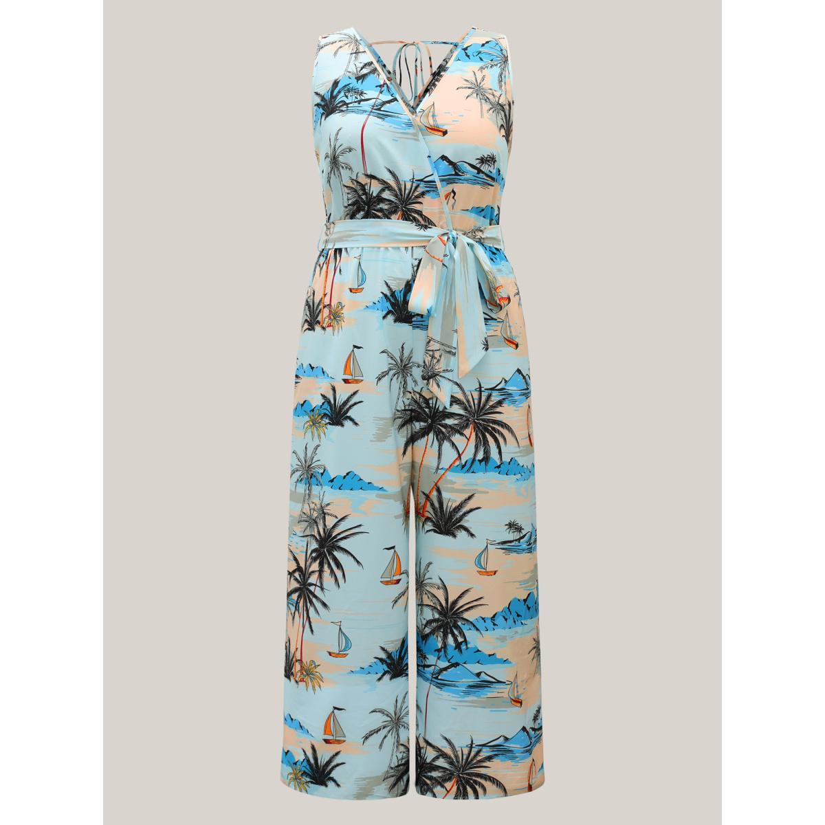 Plus Size Multicolor Tropical Print Stretchy Waist Pockets Jumpsuit Women Sleeveless Overlap Collar Vacation Loose Jumpsuits BloomChic 30/6X Product Image