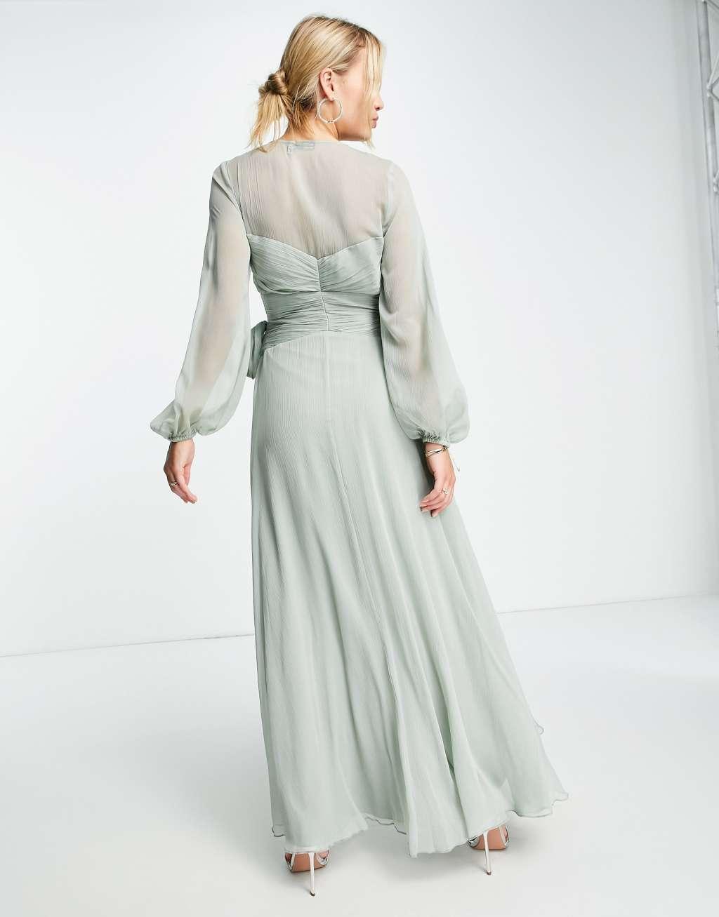 ASOS DESIGN Bridesmaid long sleeve ruched maxi dress with wrap skirt Product Image