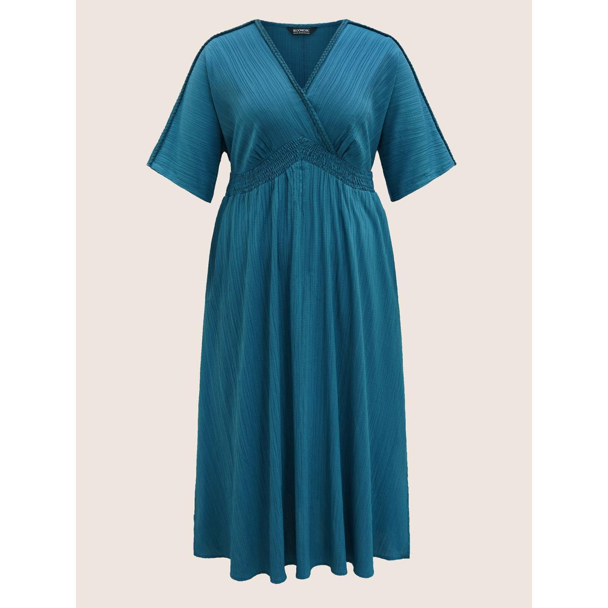Plus Size V Neck Shirred Contrast Webbing Split Side Dress Aegean Women Resort Texture V-neck Half Sleeve Curvy BloomChic 10/M Product Image