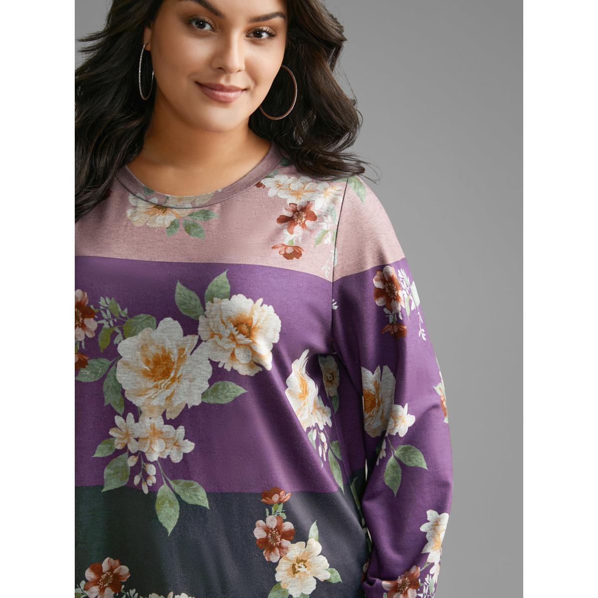 Plus Size Natural Flowers Contrast Round Neck Sweatshirt Women Multicolor Casual Contrast Loose Round Neck Everyday Sweatshirts BloomChic 22-24/3X Product Image