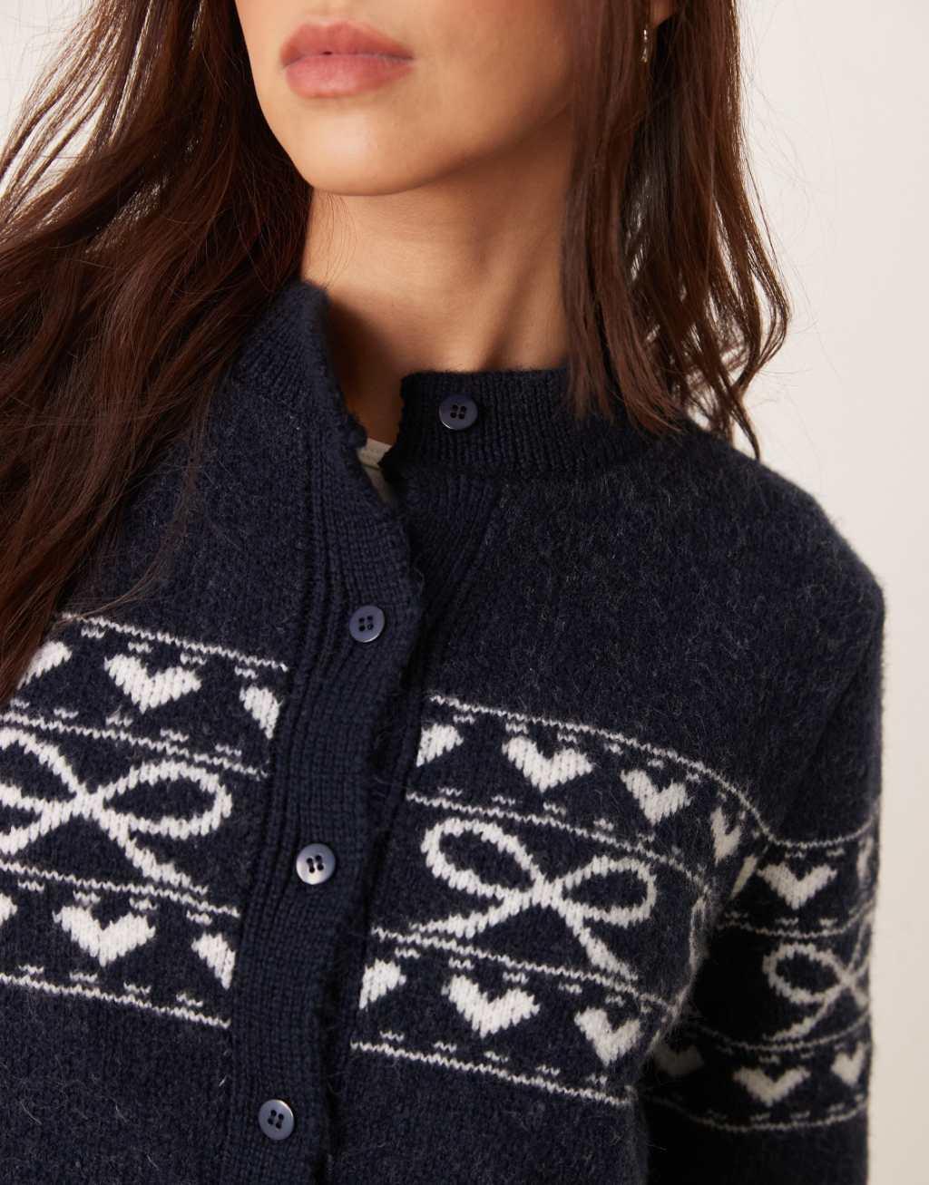 Miss Selfridge knit bow pattern valentine cardigan in navy Product Image
