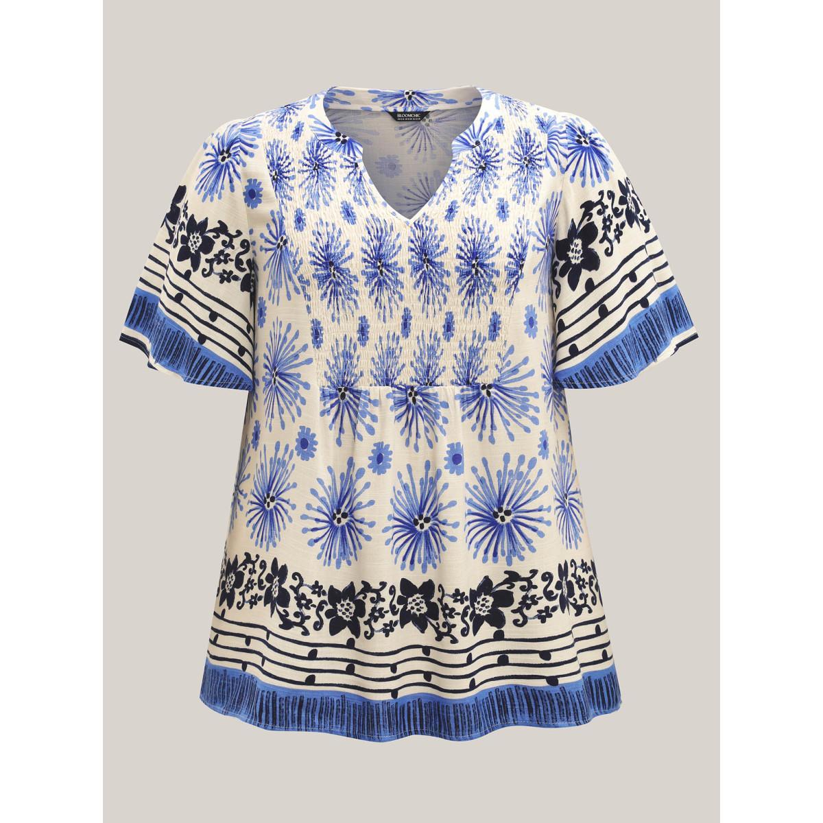 Plus Size Skyblue Floral Symphony Print Split Neck Blouse Women Short sleeve Notched collar Vacation Blouses BloomChic 28/5X Product Image