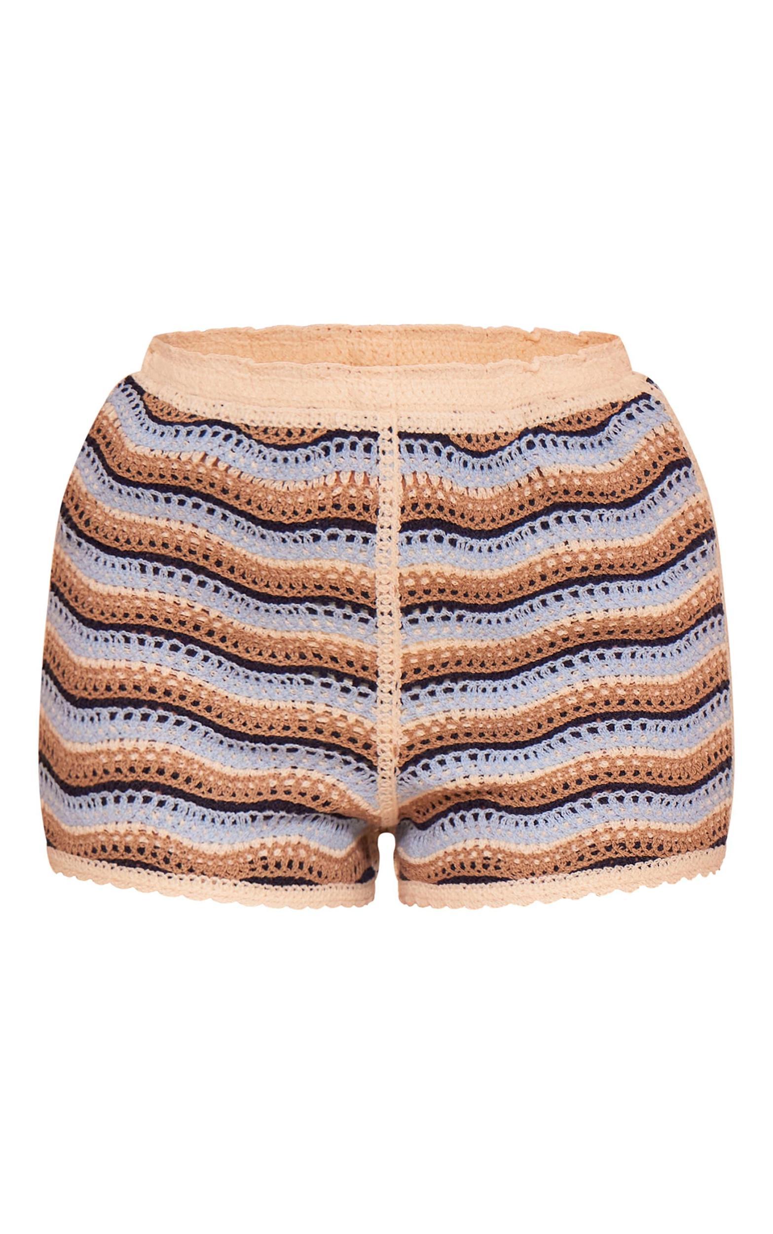 Blue Striped Crochet Knit Mini Shorts Product Image