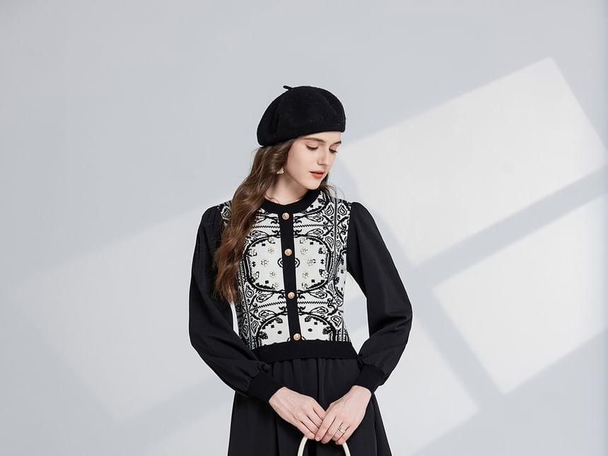 Long Sleeve Round Neck Patterned Beaded Panel Knit Midi A-Line Dress Product Image