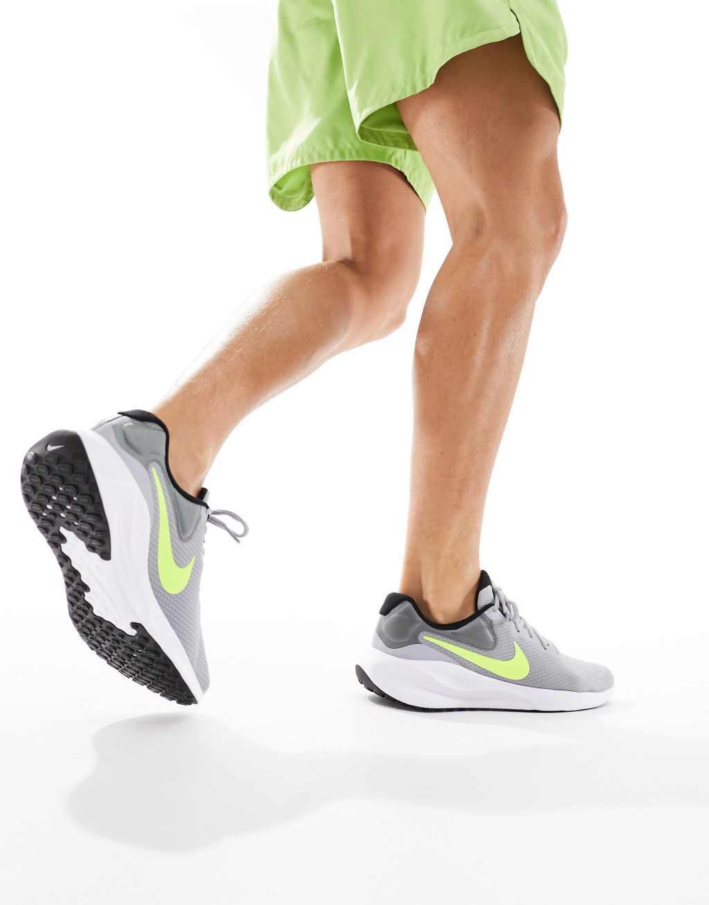 Nike Revolution 7 sneakers in gray and volt green  Product Image