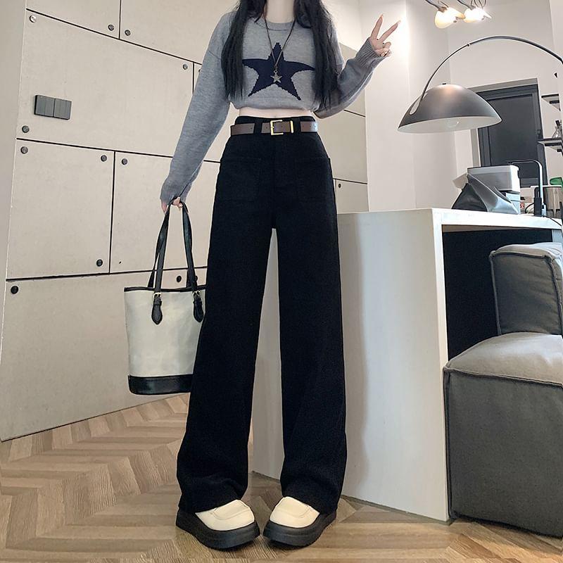 High Rise Plain Corduroy Wide Leg Pants / Belt / Set Product Image