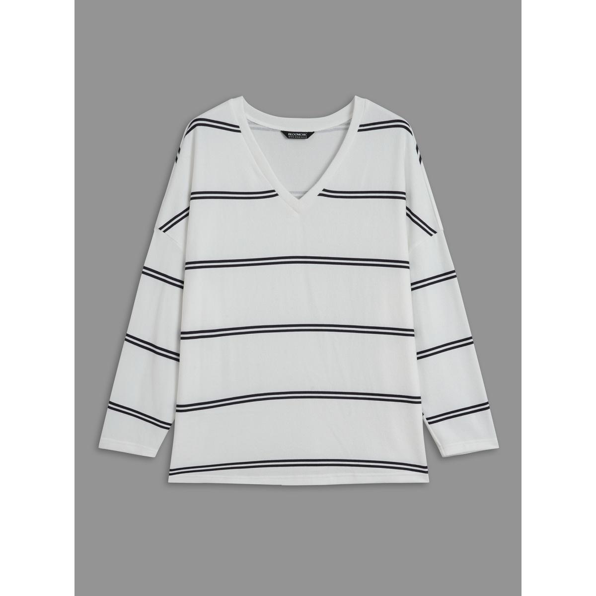Plus Size V Neck Contrast Striped Drop Shoulder T-shirt Originalwhite Women Casual Contrast V-neck Everyday T-shirts BloomChic 12/L Product Image