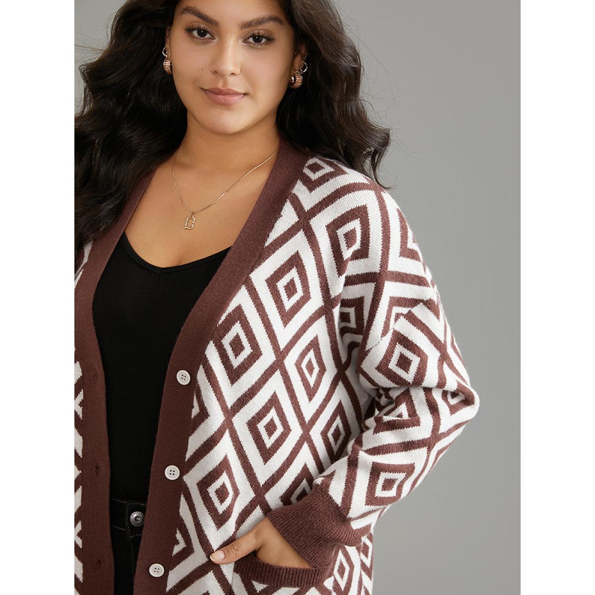 Plus Size Supersoft Essentials Geometric Button Through Cardigan Maroon Women Casual Loose Long Sleeve Dailywear Cardigans BloomChic 30/6X Product Image