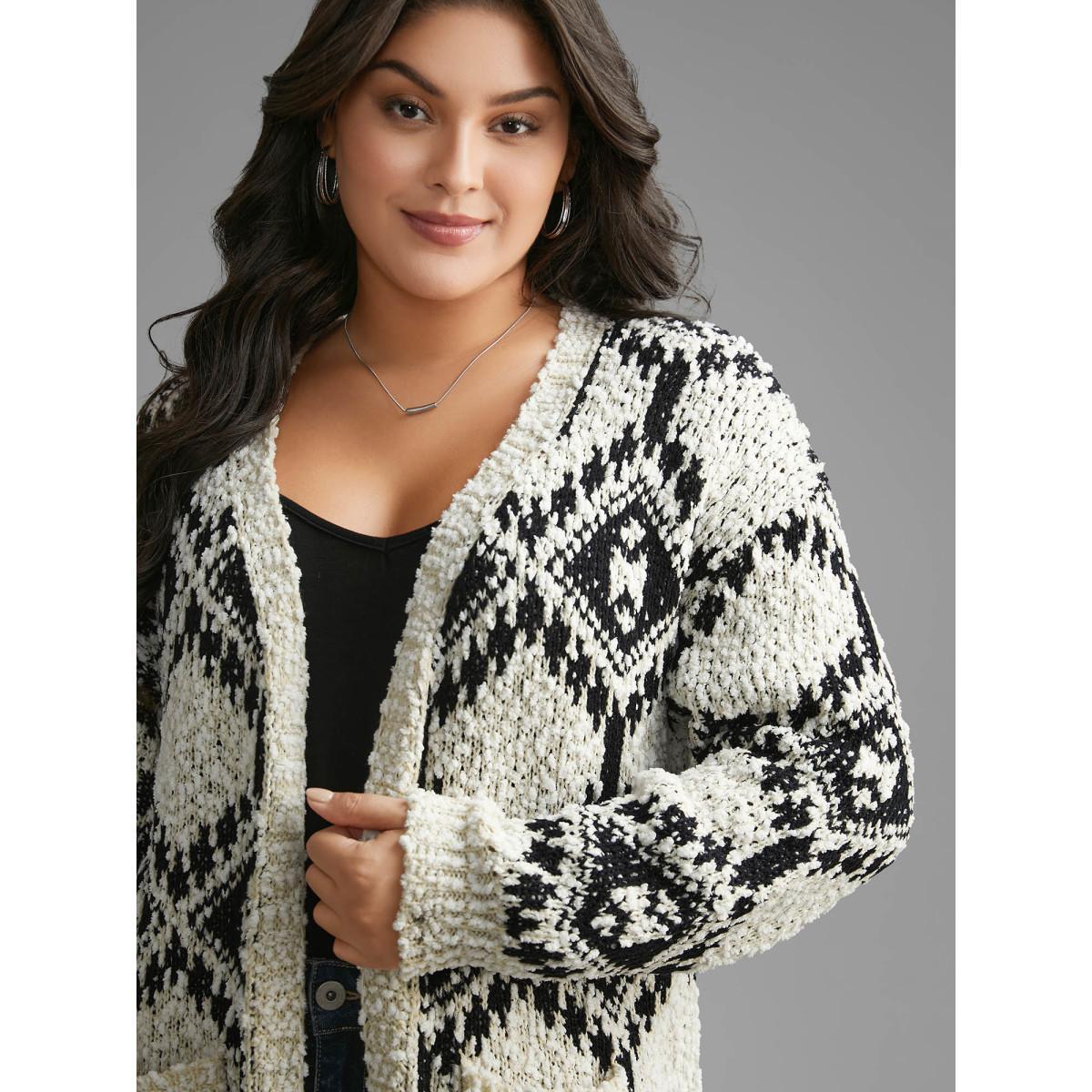 Plus Size Bandana Jacquard Patched Pocket Drop Shoulder Cardigan Black Women Casual Loose Long Sleeve Everyday Cardigans BloomChic 18-20/2X Product Image