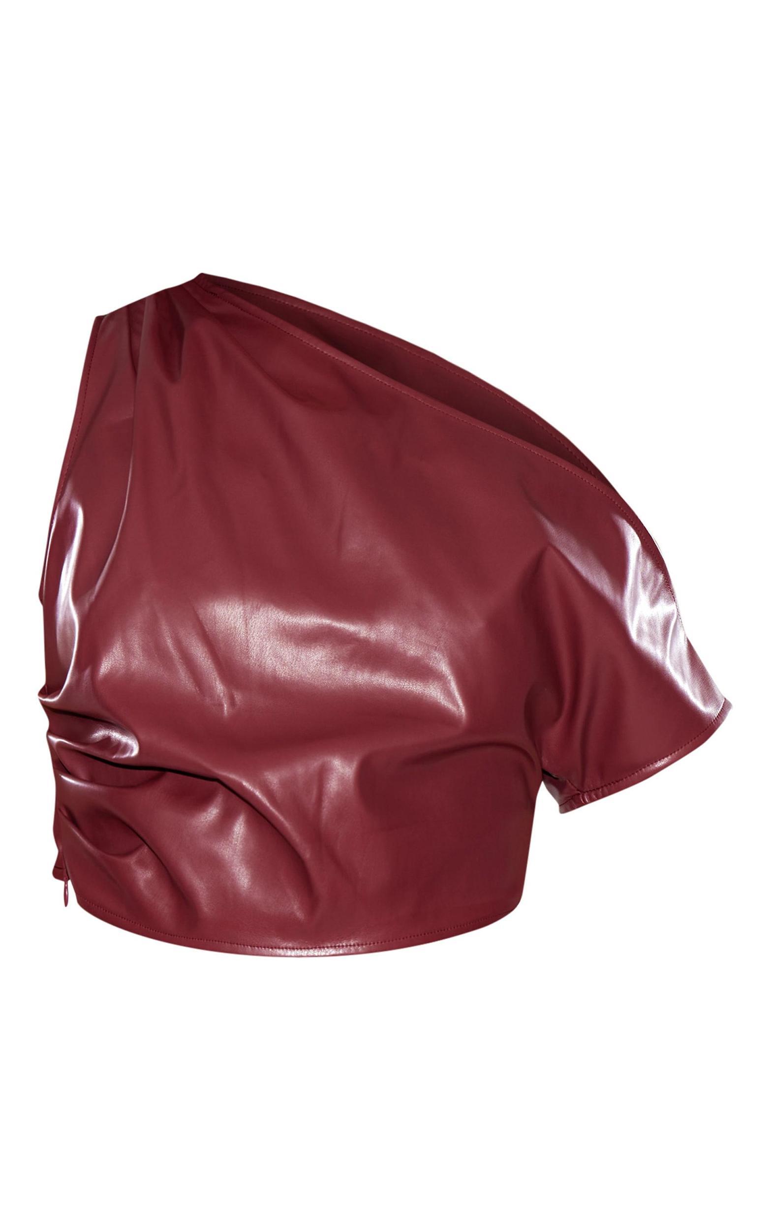 Burgundy Faux Leather Ruched One Shoulder Asymmetric Crop Top Product Image