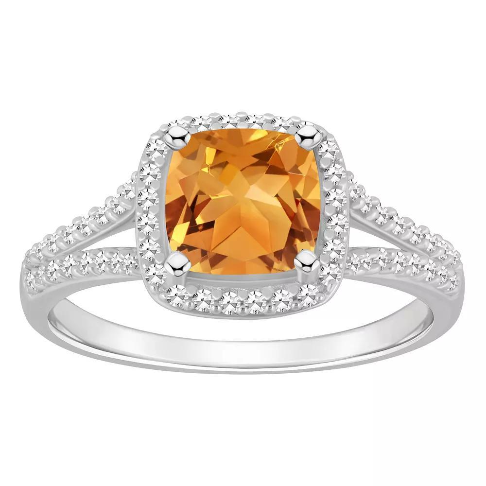 Celebration Gems Sterling Silver 7 mm Cushion Gemstone & 1/4 Carat T.W. Diamond Split Shank Ring, Women's, Size: 10, Citrine Product Image