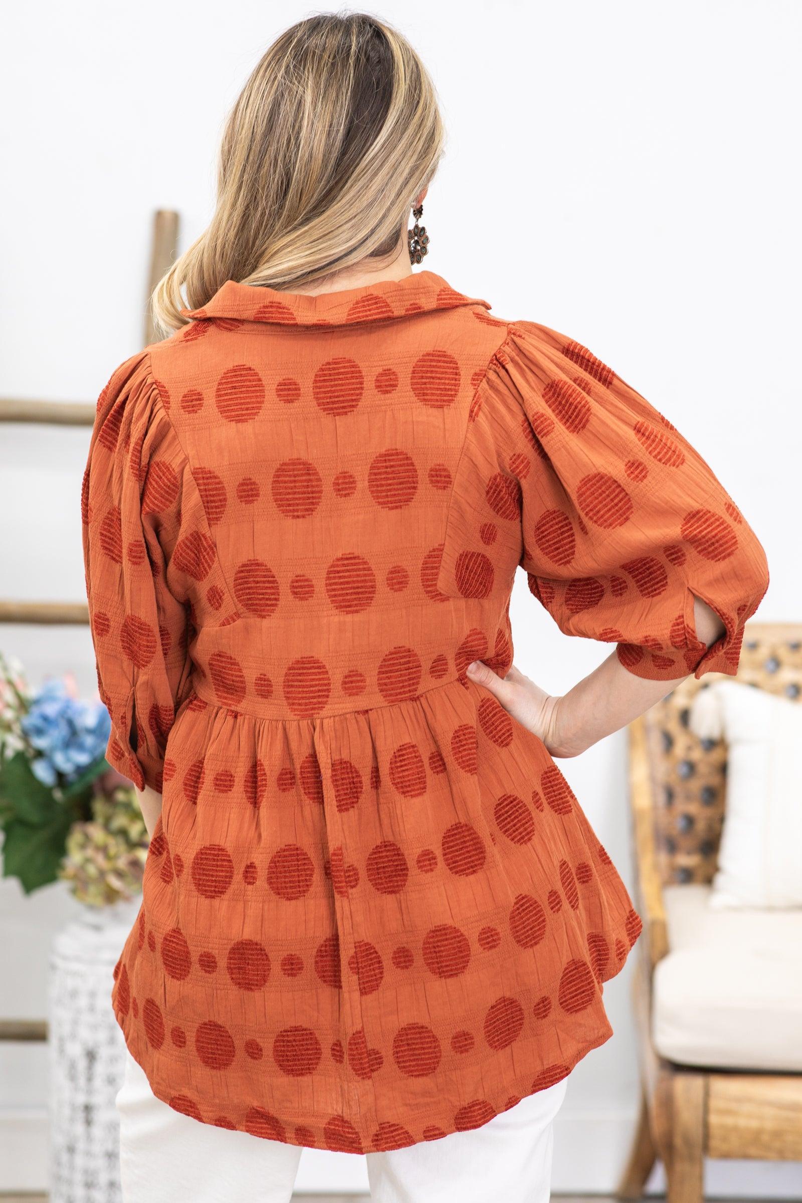 Rust Dot Print 3/4 Sleeve Woven Top Product Image