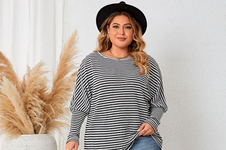 Mutton Sleeve Crew Neck Striped Knit Top Product Image
