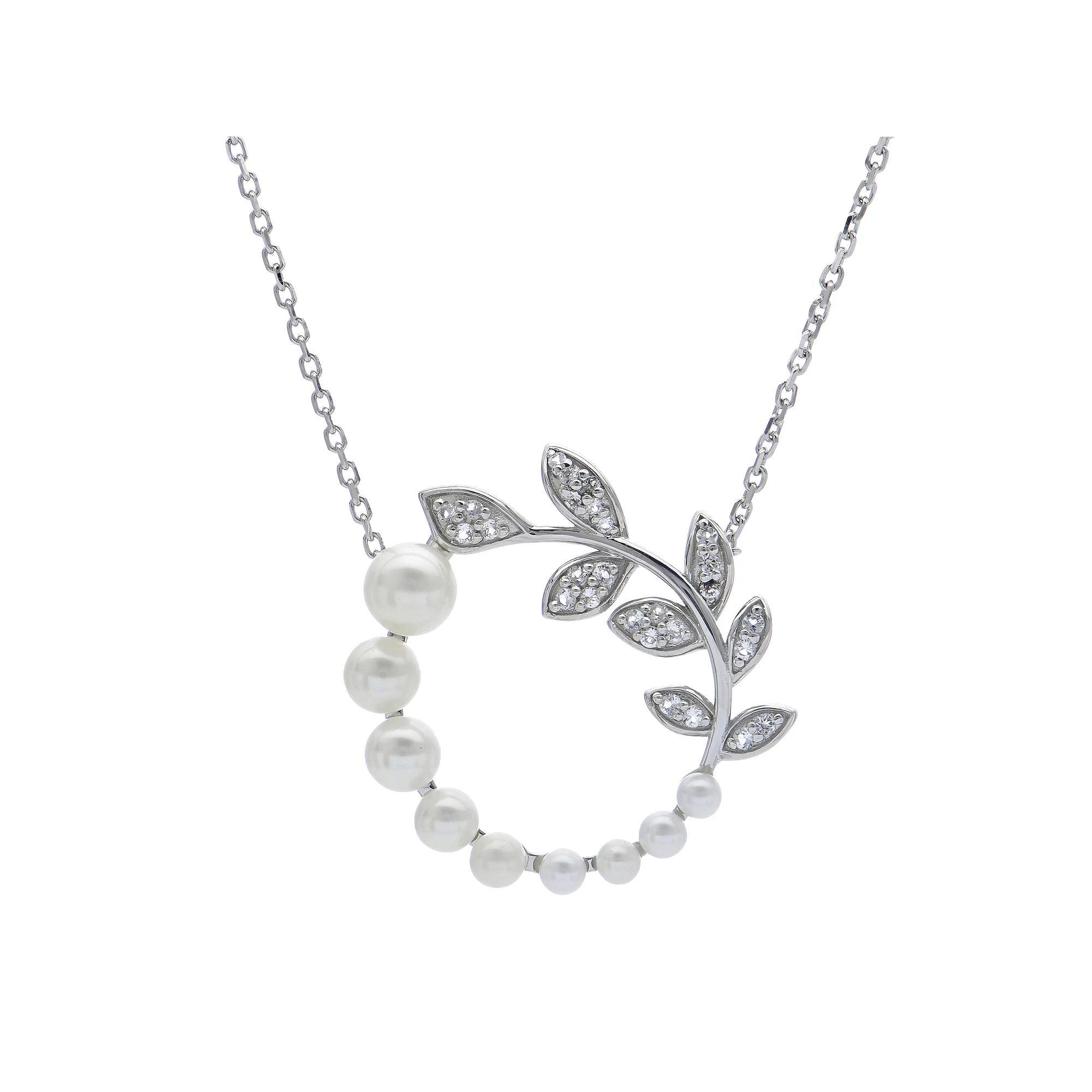 PearLustre by Imperial Sterling Silver Freshwater Cultured Pearl & White Topaz Sterling Silver Floral Circle Necklace, Womens Product Image