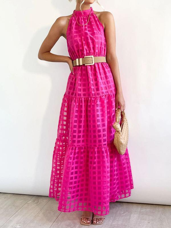 Loose Sleeveless Plaid Ribbed Stand Collar Maxi Dresses Product Image