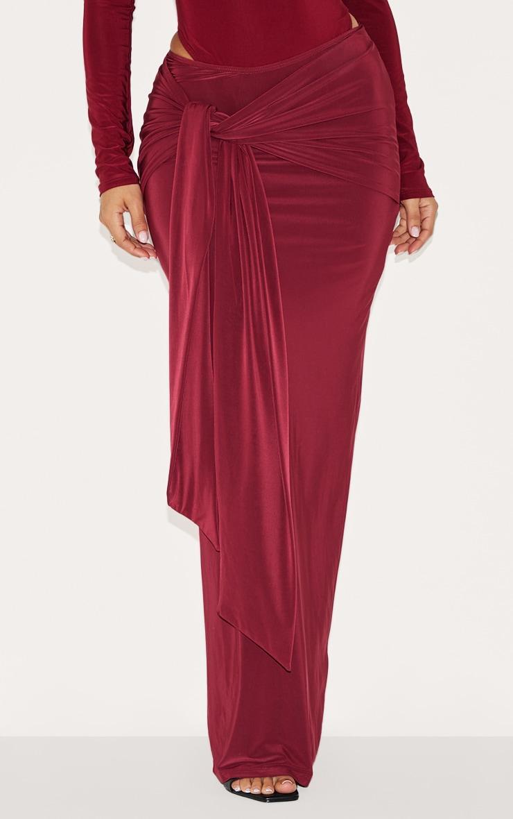 Petite Burgundy Slinky Low Rise Drape Front Maxi Skirt Product Image