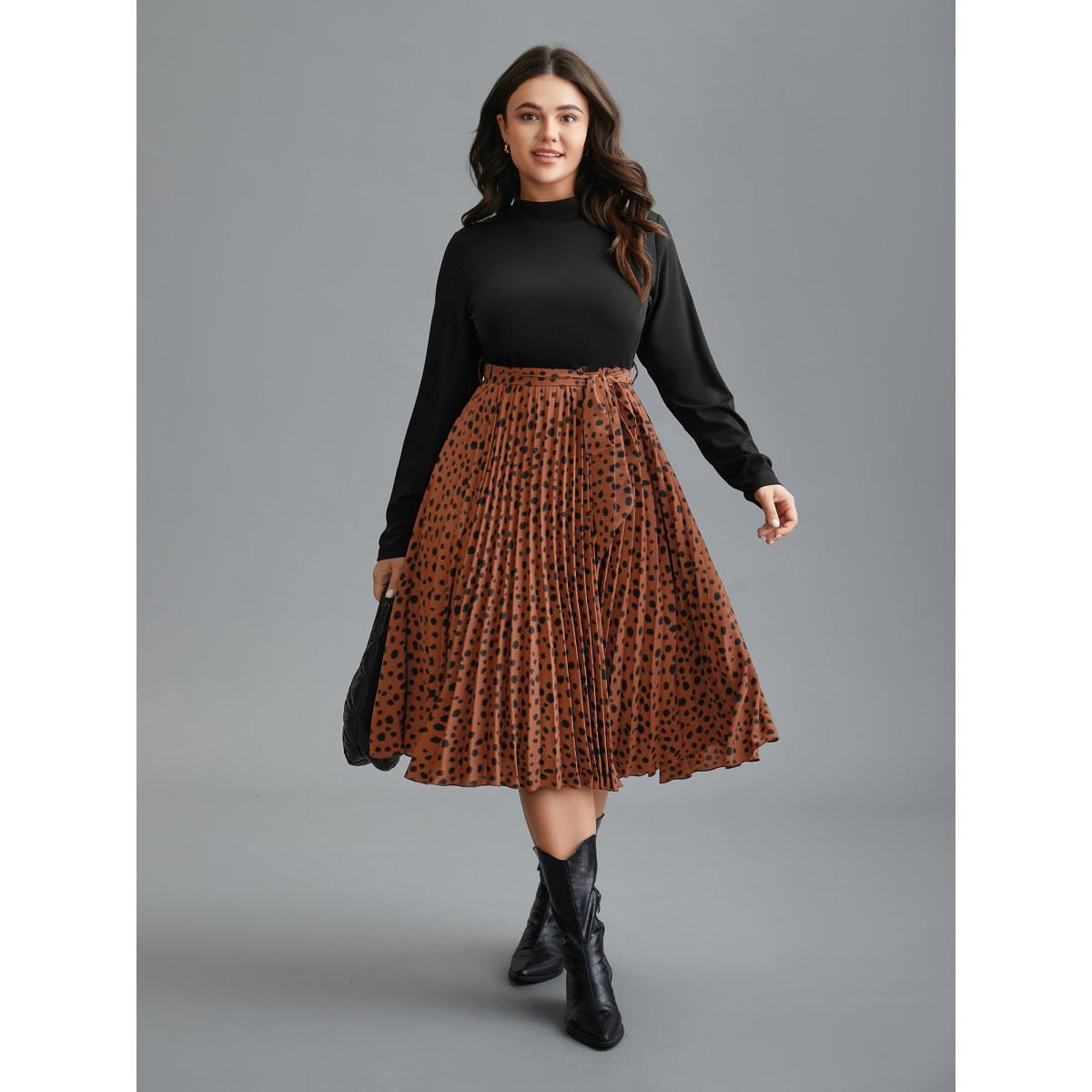 Plus Size Leopard Print Pleated Mock Neck Midi Dress Russet Women At the Office Belted Mock Neck Long Sleeve Curvy BloomChic 10/M Product Image