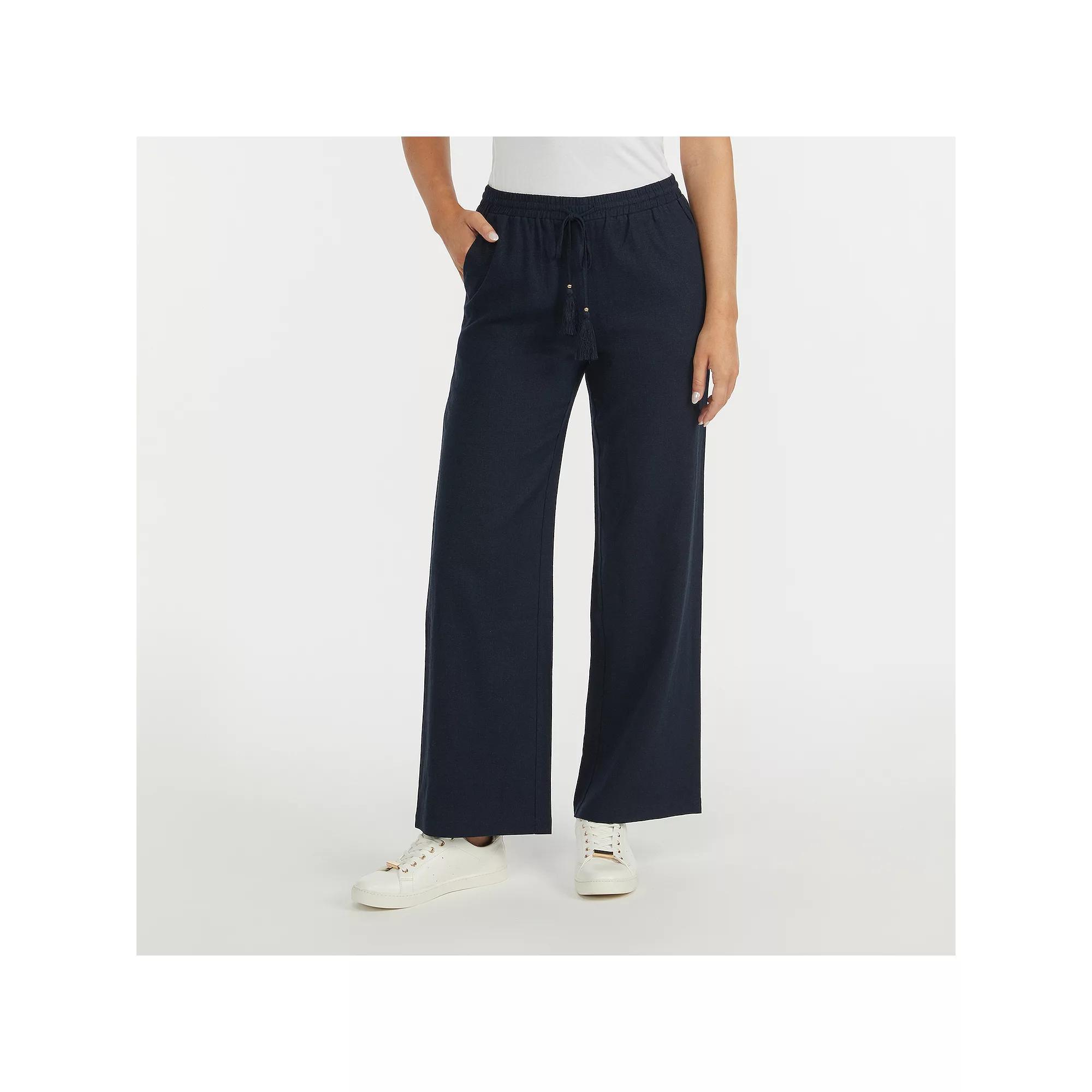 Women's Ellen Tracy Linen Wide Leg Drawstring Pants, Size: Large, Blue Product Image