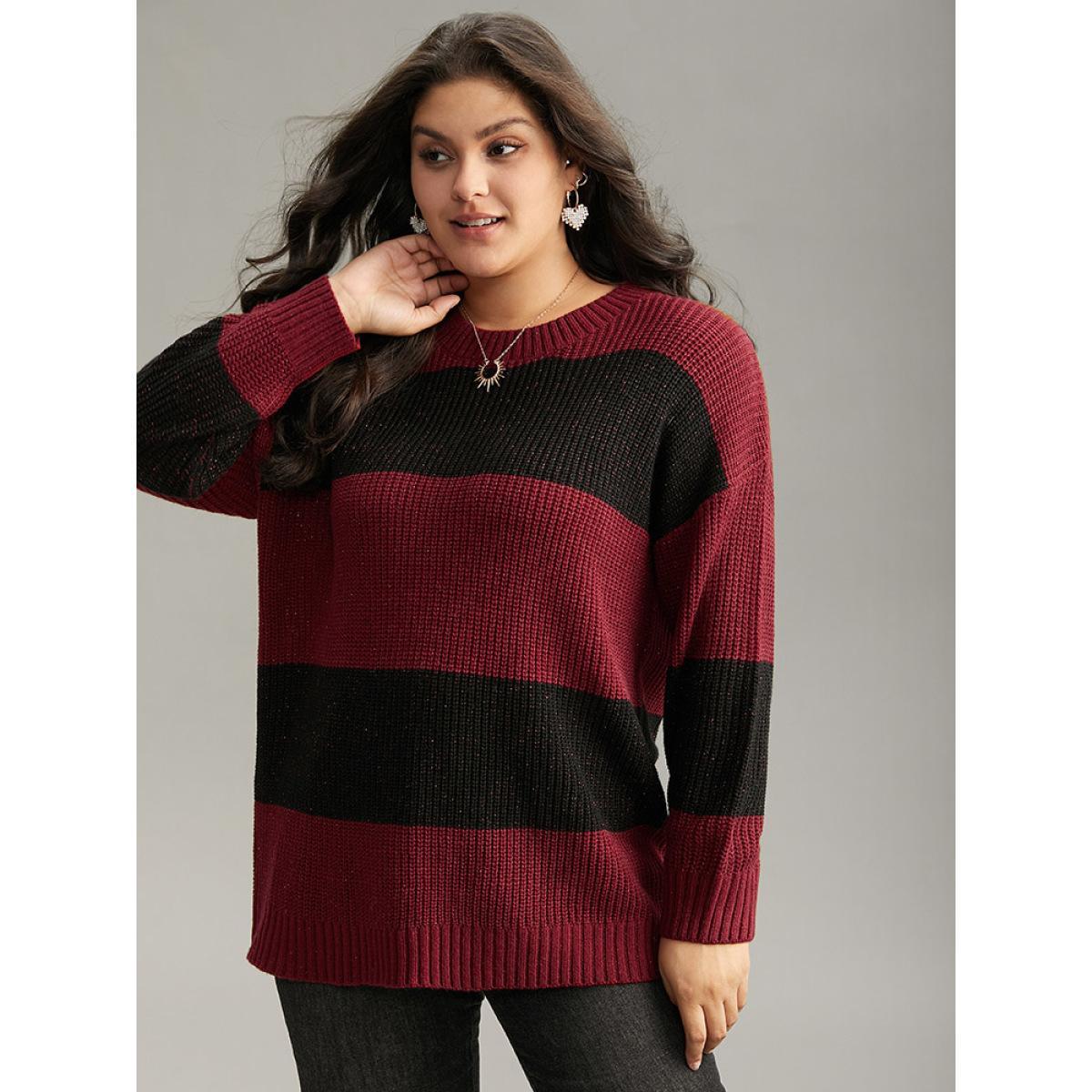 Plus Size Sparkly Two Tone Colorblock Pullover Scarlet Women Casual Loose Long Sleeve Round Neck Dailywear Pullovers BloomChic 26/4X Product Image