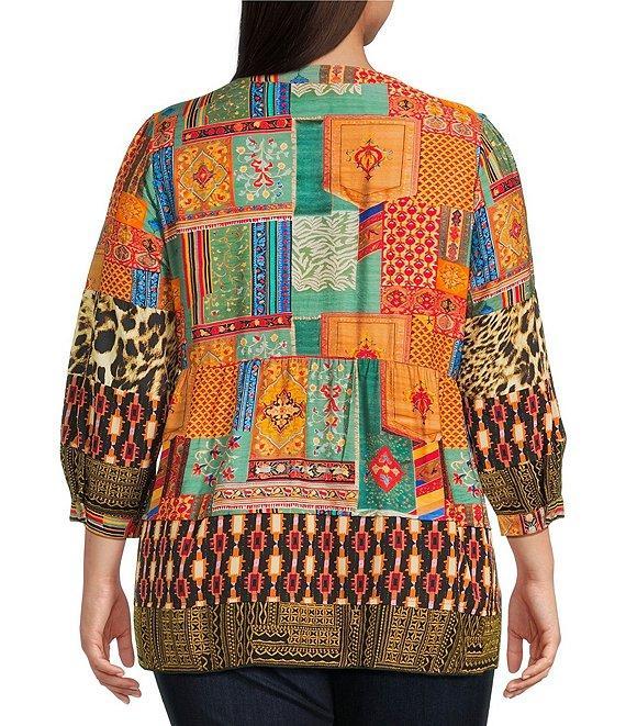 Calessa Plus Size Embroidered Patchwork Split V-Neck 3/4 Sleeve Tunic Product Image