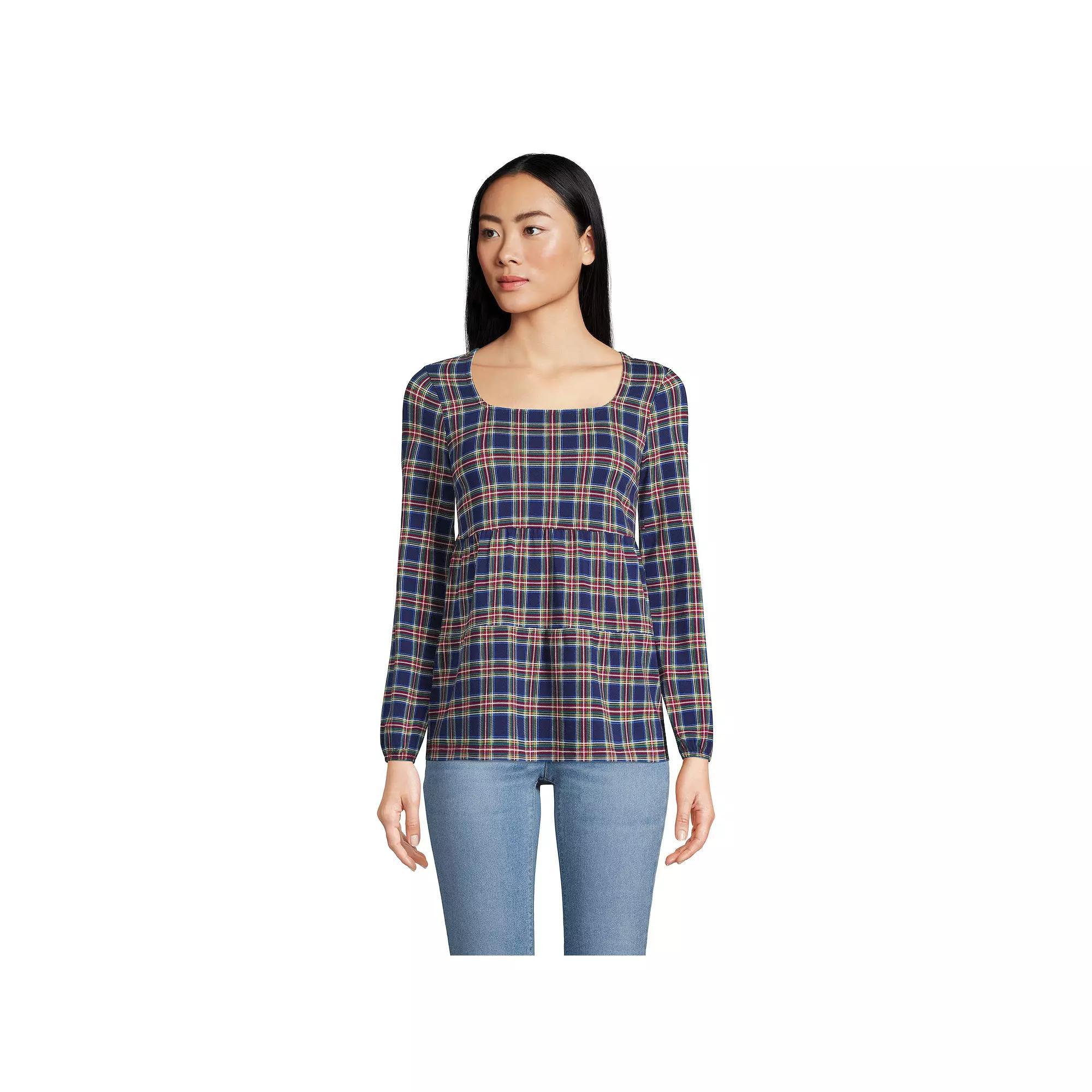 Petite Lands' End Squareneck Tiered Top, Women's, Size: Large Petite, Blue Highland Plaid Product Image