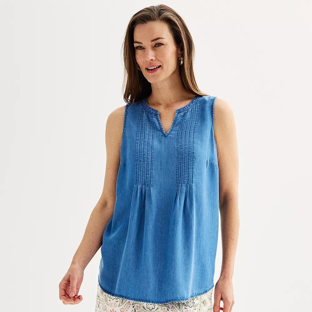 Womens Croft & Barrow Pintuck Sleeveless Shell Top Light Blue Chambray Product Image