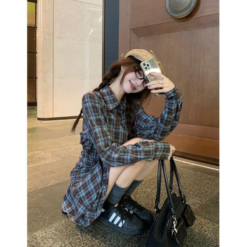Long-Sleeve Collared Plaid Ruched Layered Half-Buttoned Mini A-Line Dress Product Image