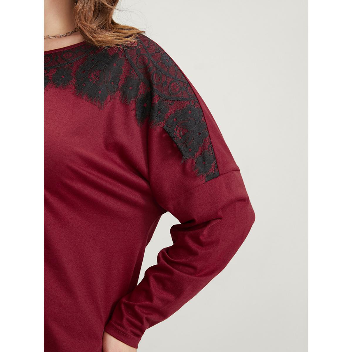 Plus Size Solid Round Neck Contrast Lace Long Tee Red Women Elegant Lace Plain Round Neck Dailywear T-shirts BloomChic 12/L Product Image