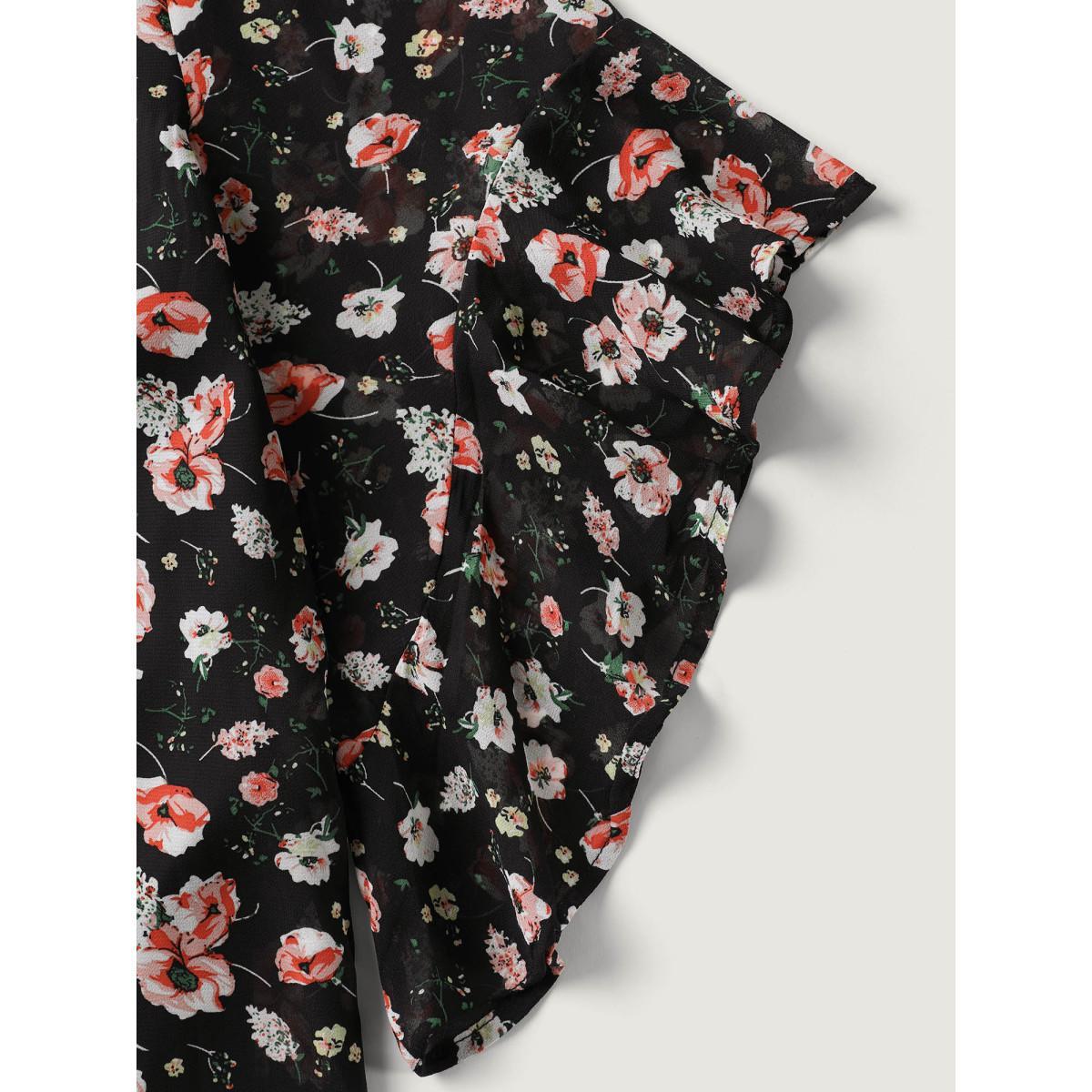 Plus Size Black Chiffon Floral Ruffled Sleeve Blouse Women Elbow-length sleeve Notched collar Everyday-Elegant Blouses BloomChic 18-20/2X Product Image