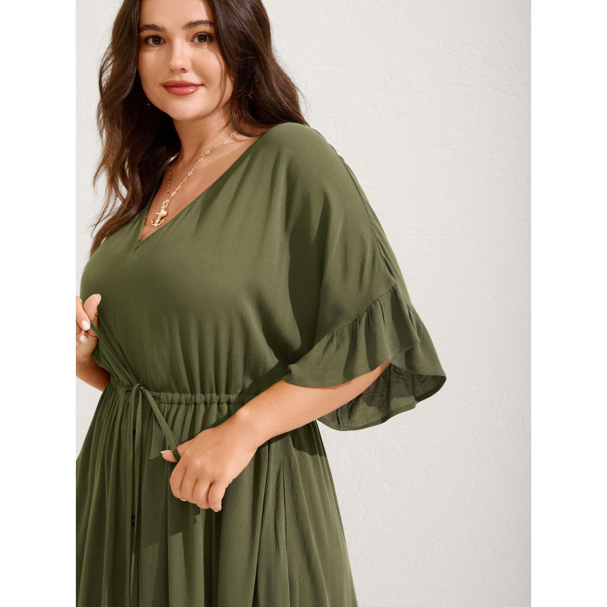 Plus Size Waist-Defining Tie Ruffled Sleeve Midi Dress ArmyGreen Women V-neck Half Sleeve Curvy BloomChic 18-20/2X Product Image