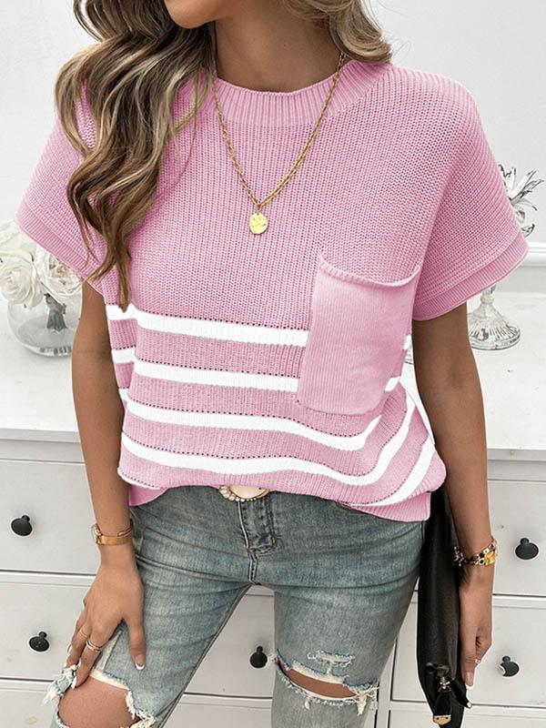 Half Sleeves Loose Pockets Striped Round-neck Knitwear Sweater Tops Product Image