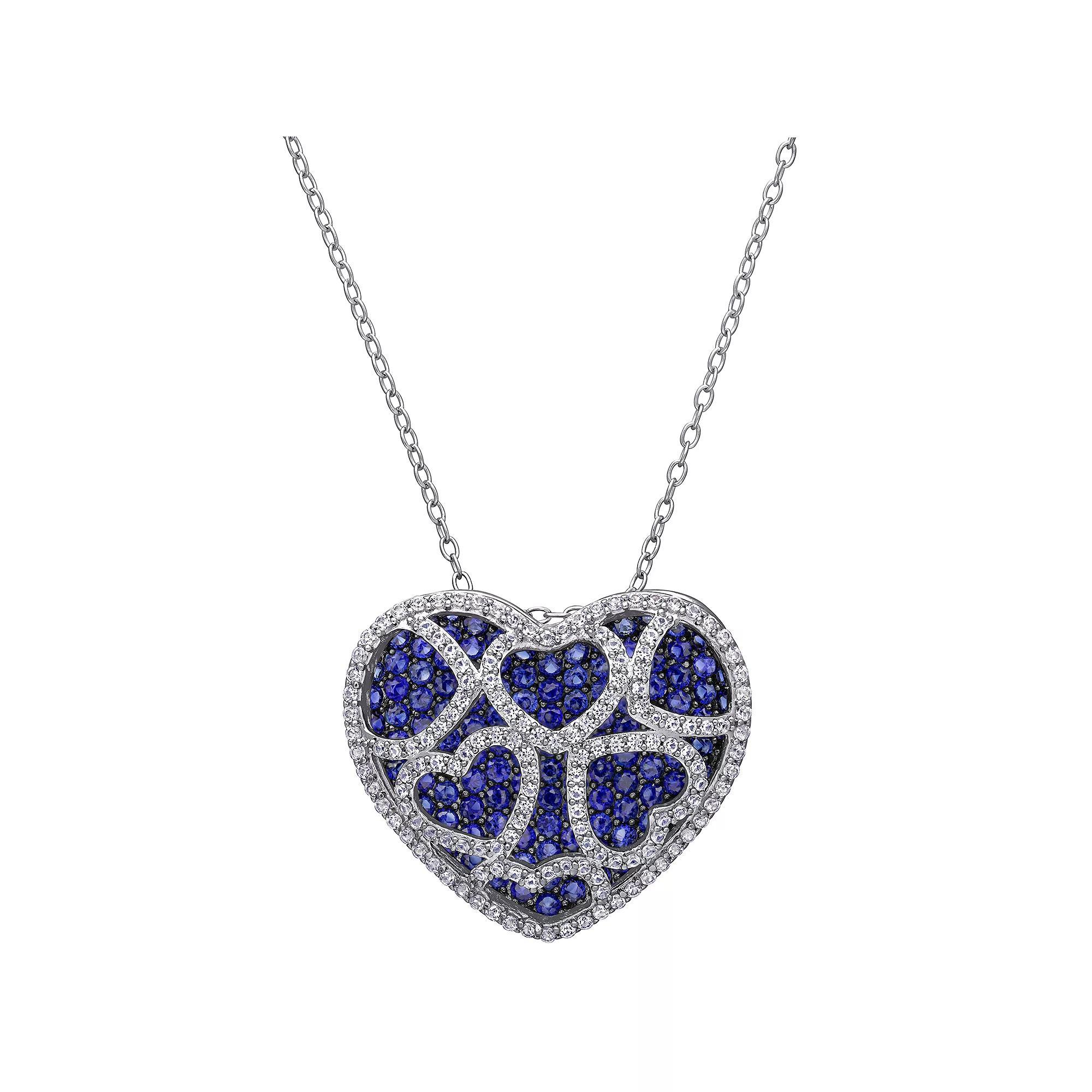 Stella Grace Sterling Silver Lab-Created Blue & White Sapphire Heart Pendant, Women's, Size: 18" Product Image