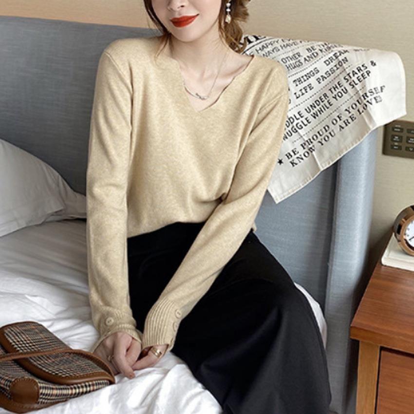 Long Sleeve V-Neck Plain Knit Top Product Image