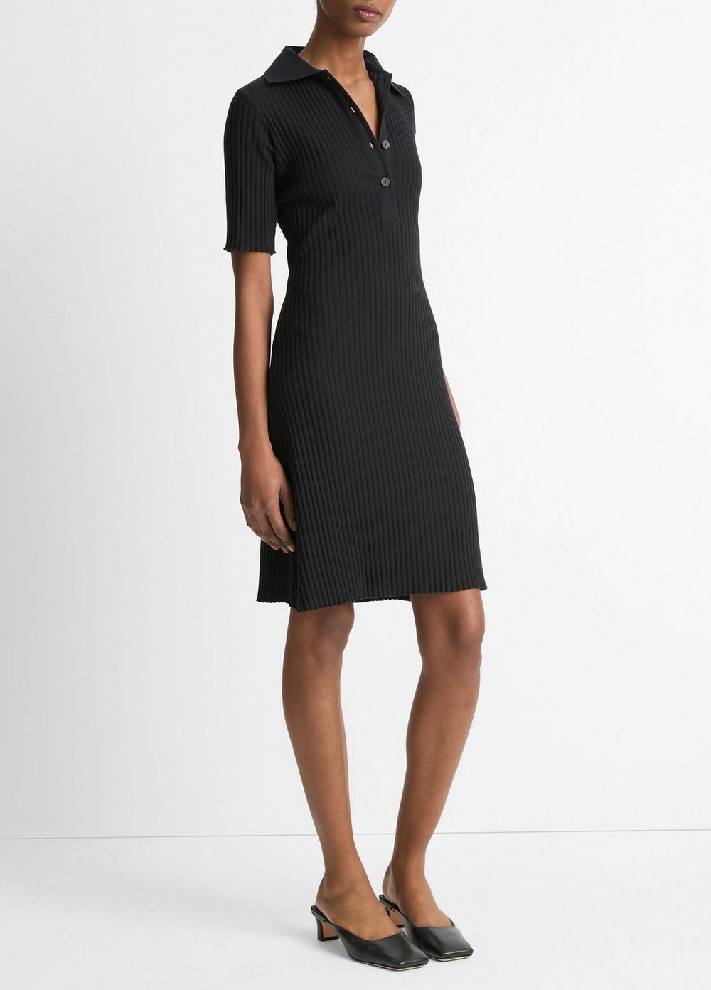 Womens Cotton-Blend Elbow-Sleeve Polo Dress, Black, Size S Vince Product Image