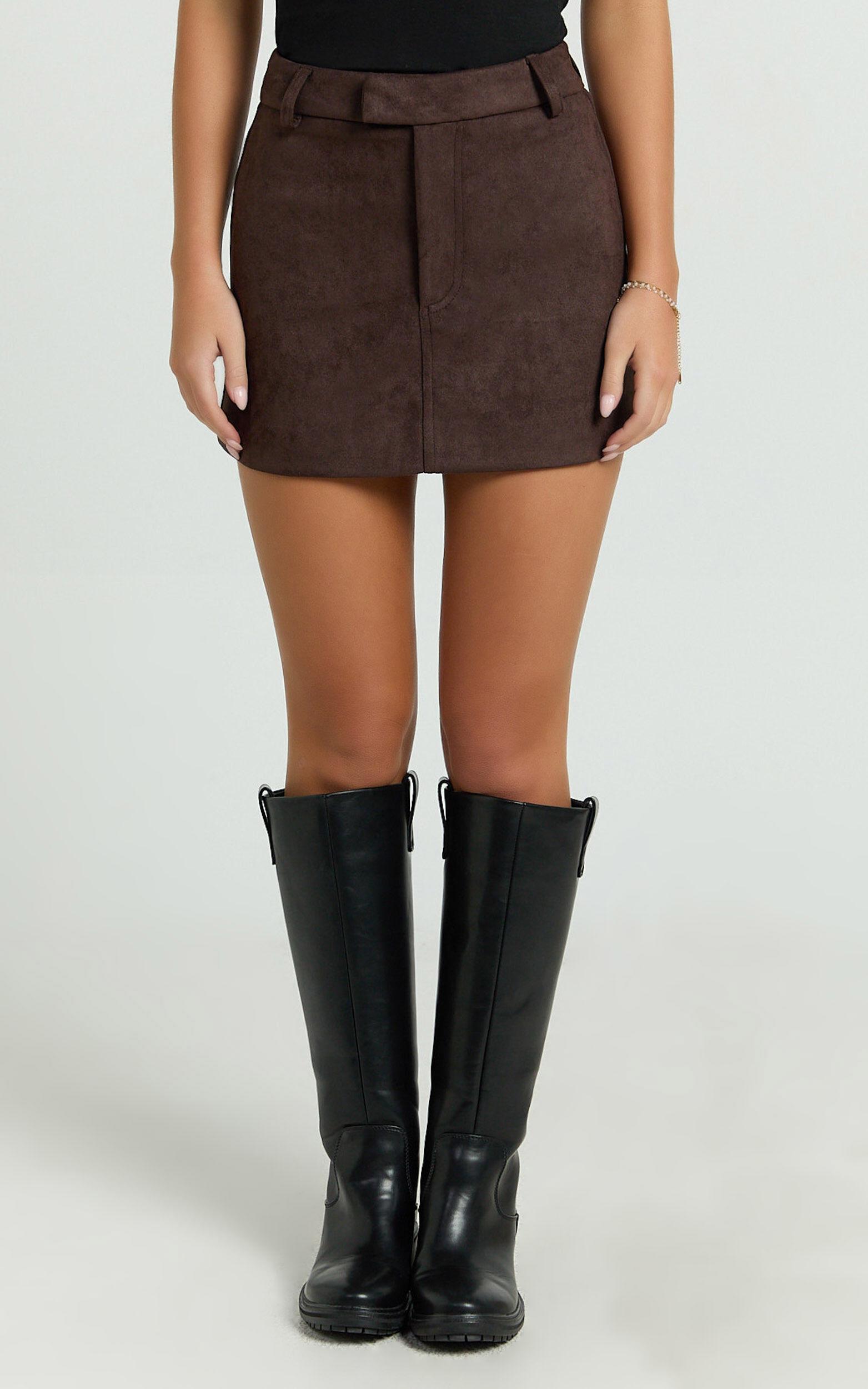 Priscilla Mini Skirt - Mid Waist Faux Suede Skirt in Dark Chocolate Product Image