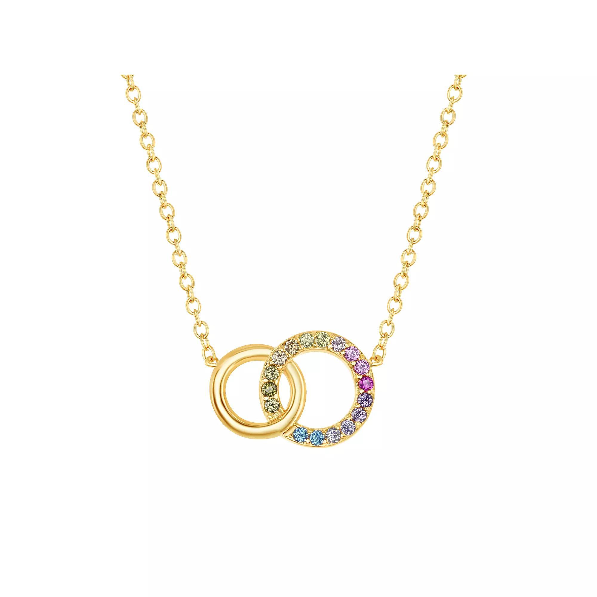 Sterling Silver Rainbow Cubic Zirconia Double Circle Necklace, Women's, Size: 16-18" ADJ, 14k Gold Plated Product Image