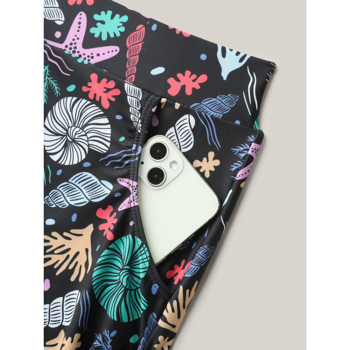 Plus Size Seashell Print Adjustable Drawstring Swim Bottoms Women's Swimwear Multicolor Beach Drawstring High stretch Skinny High Rise Side seam pocket Curve Swim Bottoms BloomChic 28/5X Product Image
