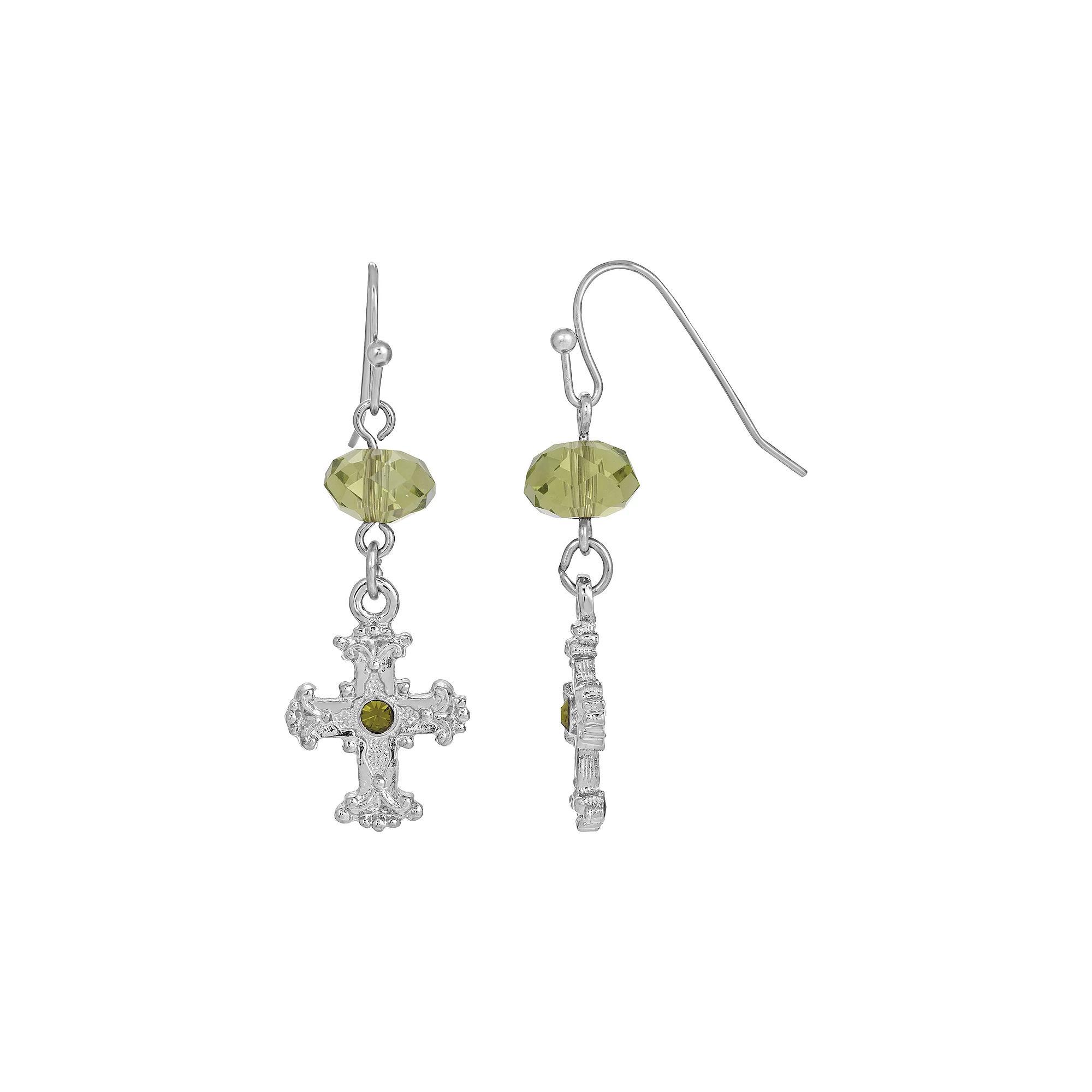 Symbols of Faith Silver-Tone Black Crystal Cross Drop Earrings, Womens, Green Product Image