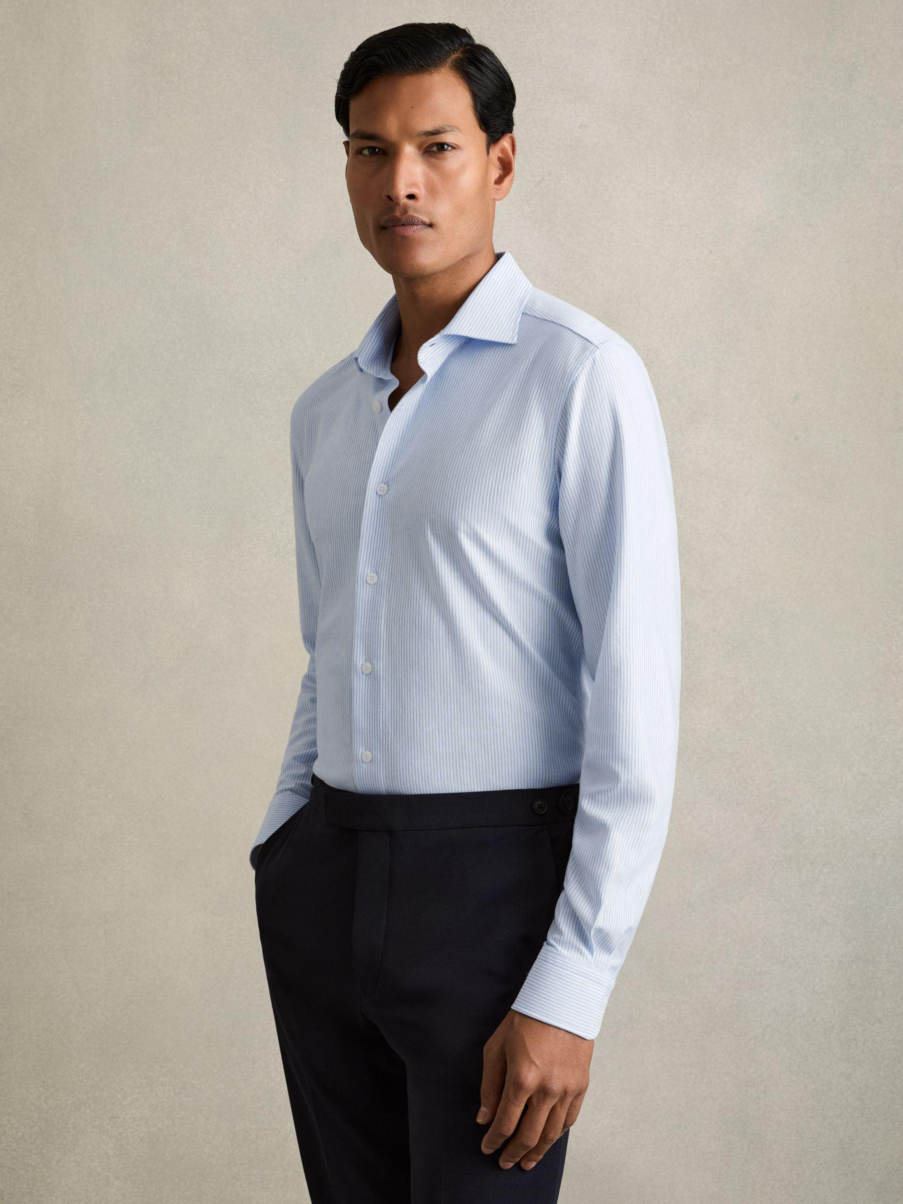 Cotton-Blend Cutaway-Collar Striped Shirt in Blue Stripe Product Image