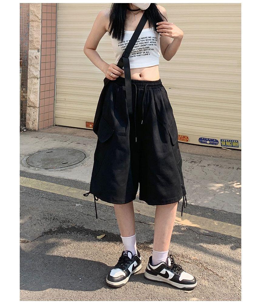 Drawstring Waist Plain Cargo Shorts Product Image