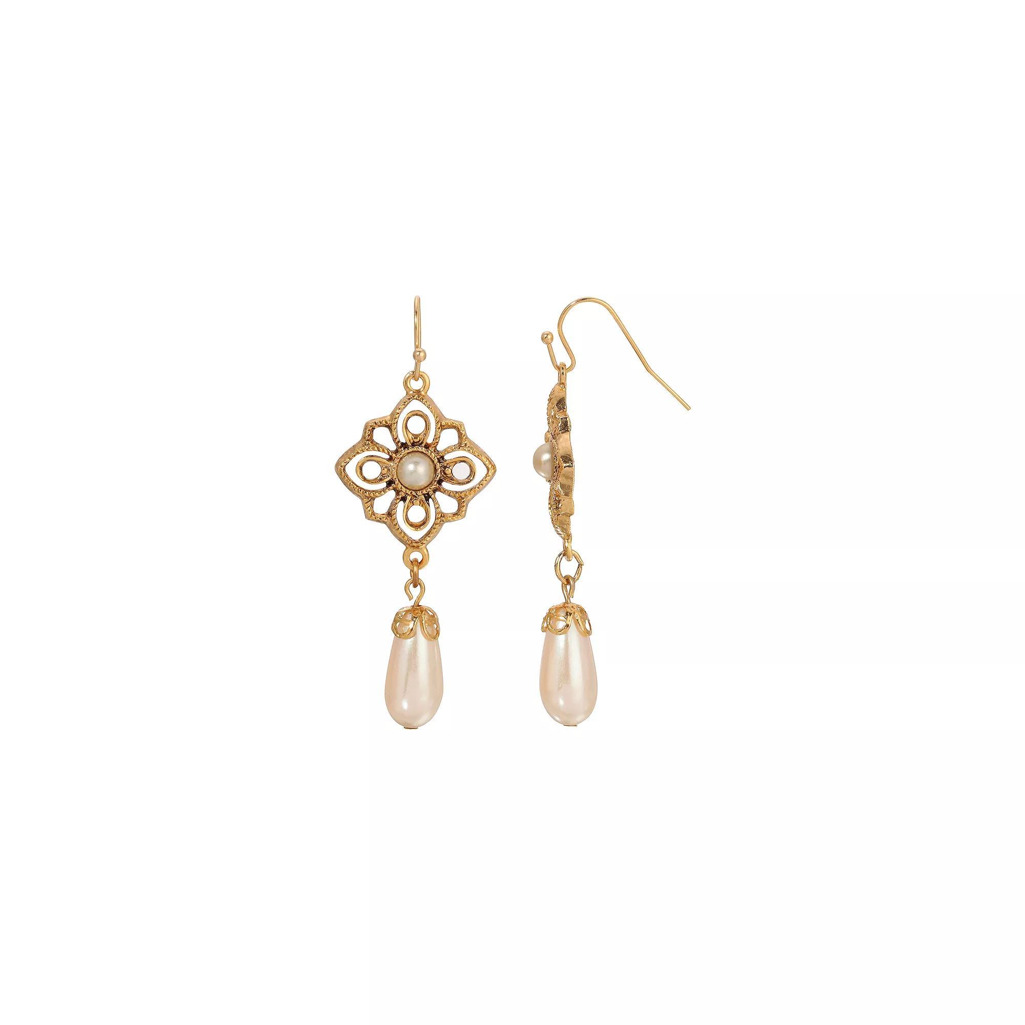 1928 Gold Tone Filigree Faux Pearl Drop Earrings, Womens, White Product Image