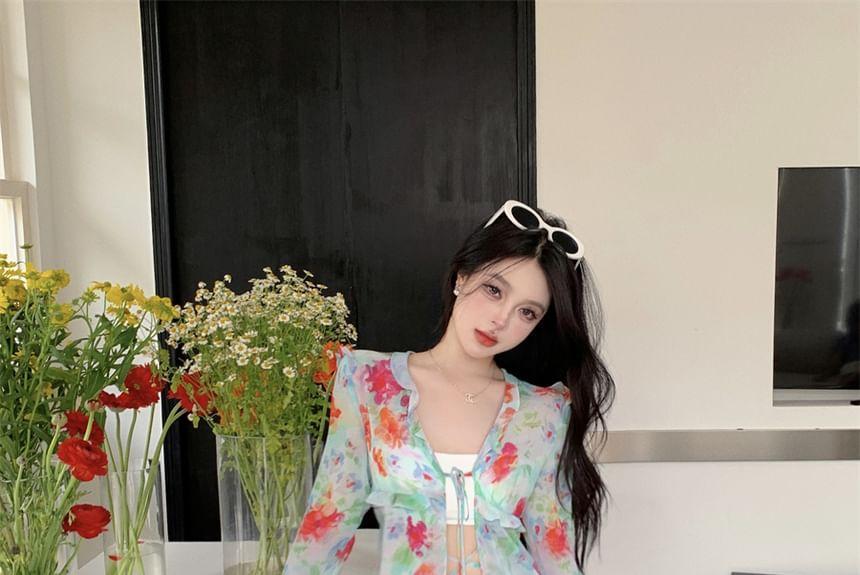 Set: Long-Sleeve Floral Tie Front Blouse + High Waist Maxi Pencil Skirt Product Image